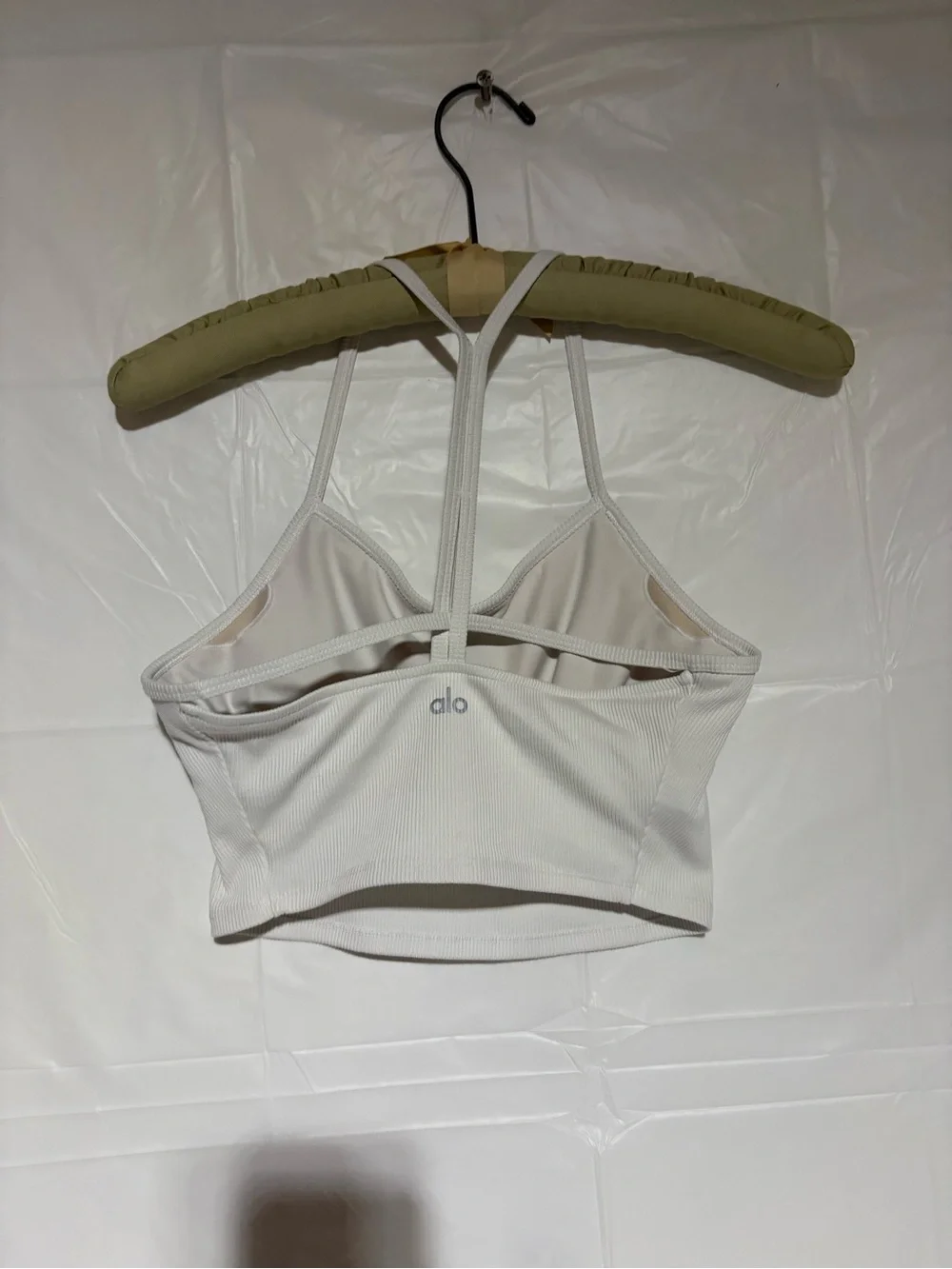 ALO Yoga White Ribbed Cropped Camisole with Strappy Back Detail